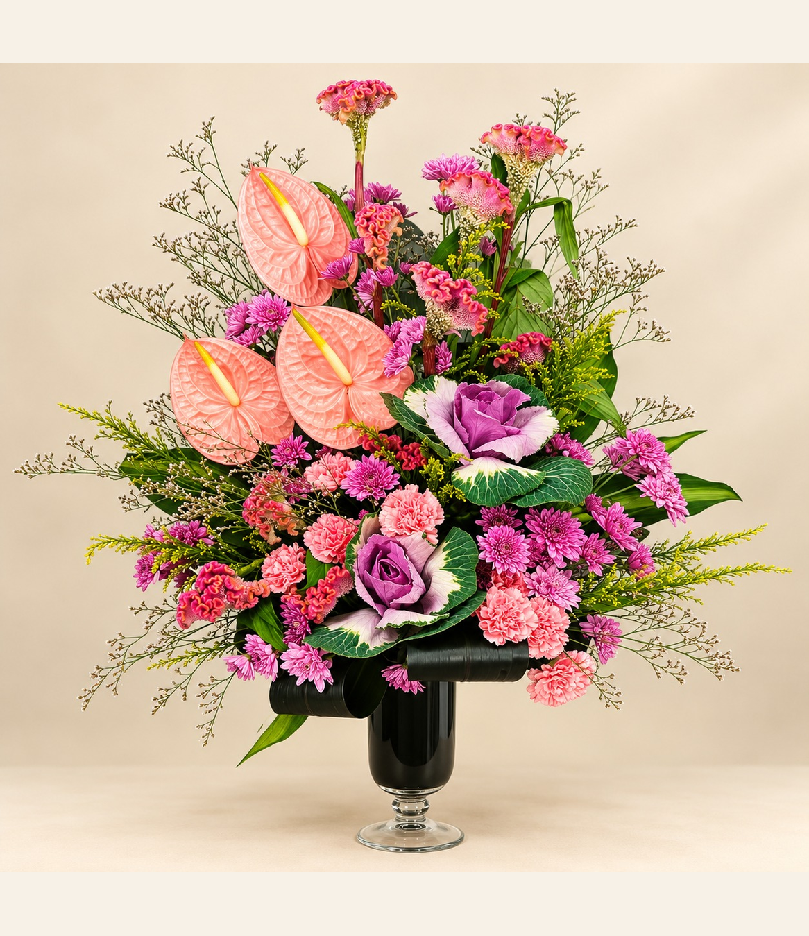 Peach anthurium floral arrangement with pink celosia, purple ornamental cabbage and pink chrysanthemums by Whitefields.