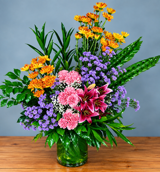 Mixed flower bouquet with pink carnations, magenta lilies, orange chrysanthemums, purple flowers and greenery by WhiteFields